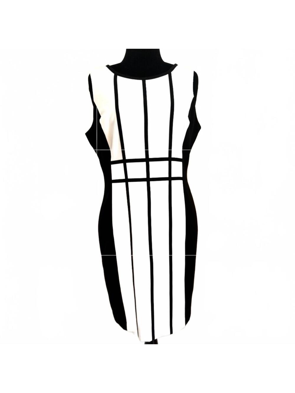 Calvin Klein Black and White Sleeveless Grid Midi Dress - Size: Large